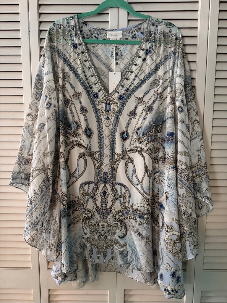 Camilla Embellished Flared Raglan Sleeve Kaftan In Blue & Cream